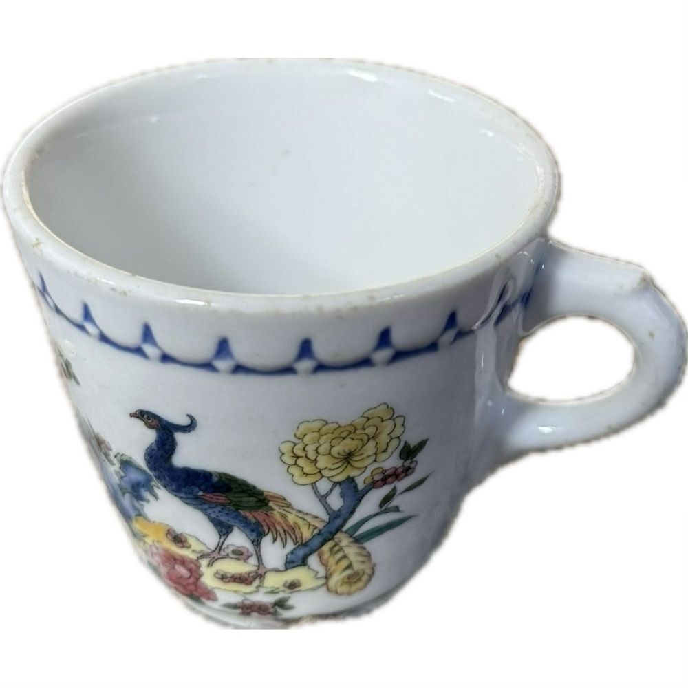 Vintage miniature hand, painted floral, peacock, teacup, engraved ￼‎